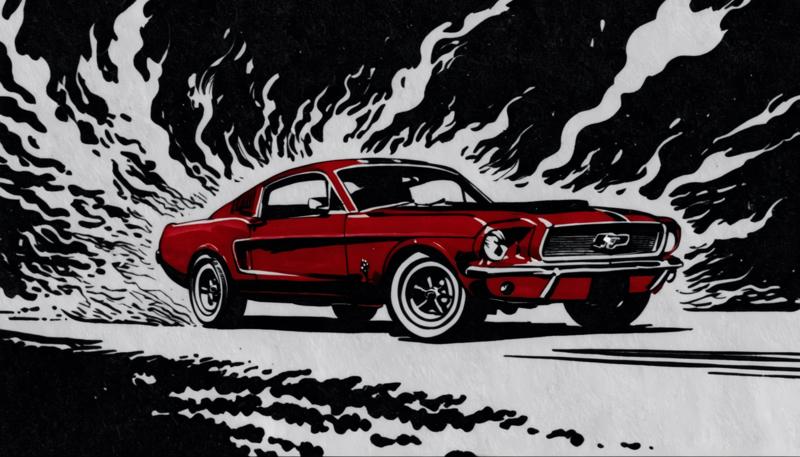 00124-_3724454400_Inkdrawing A classic Ford Mustang GT, in deep cherry red, burns rubber on an open highway, leaving behind a trail of fire and wh.png